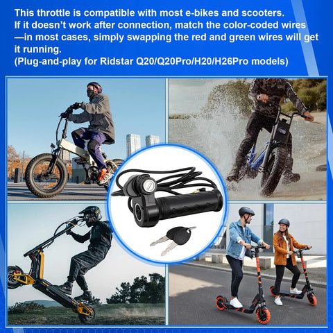 Universal Full Twist Throttle With Key Lock For E Bikes And Scooters 12V To 72V Plug And Play No Rewiring Quick Install 3 Pin E Bike Throttle Compatible With Q20 Q20Pro H20 H26Pro
