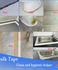 TOUSEA white waterproof sealing caulk tape, self-adhesive; collage shows bathroom, kitchen edges around sink.