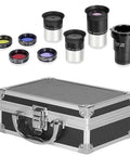 Ultimate Telescope Accessory Kit with 1.25 Inch Plossl Eyepieces, Filters, Barlow Lens, and Aluminum Case Displayed Above