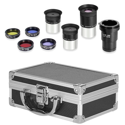 Ultimate Telescope Accessory Kit with 1.25 Inch Plossl Eyepieces, Filters, Barlow Lens, and Aluminum Case Displayed Above