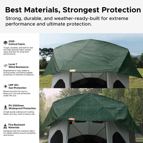 Instant Setup Pop Up Camping Tent For 4 To 8 People Lightweight Yet Durable Wind Resistant UPF 50 Plus Sun Protection green fabric