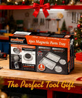 Box of 4-piece magnetic parts tray set on a workbench, ideal for organizing nuts and bolts, with tools and festive decor in background.