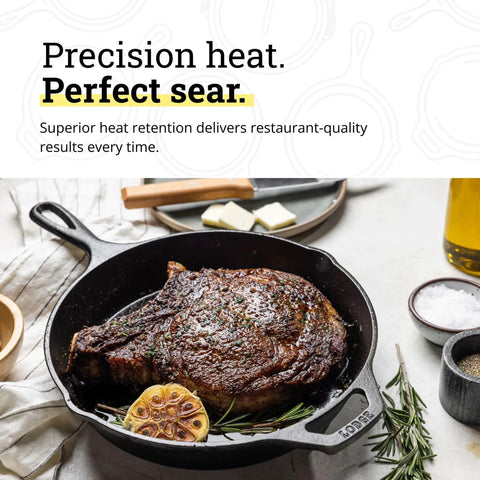 Seasoned Cast Iron Skillet 10.25 Inch Ready For Any Kitchen Or Campfire Sear With Natural Nonstick Finish Preseasoned PFAS Free Non Toxic Cookware with steak
