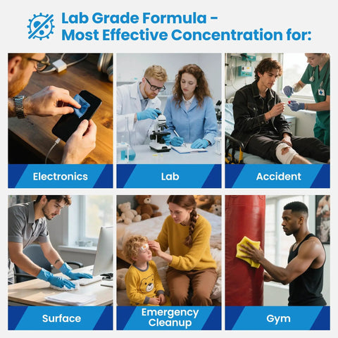 Collage showing uses of 70% isopropyl alcohol: electronics, lab work, accident care, surface cleaning, emergency cleanup, gym maintenance.