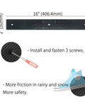 Stair Treads 16 By 2 Inch Non Slip With Screws Down Strip For Safer Steps On Slippery Stairs Decks Boats And Docks Footgrip Antislip Grip Tape For Staircase Safety Black 50 Count with installation guide and texture detail.