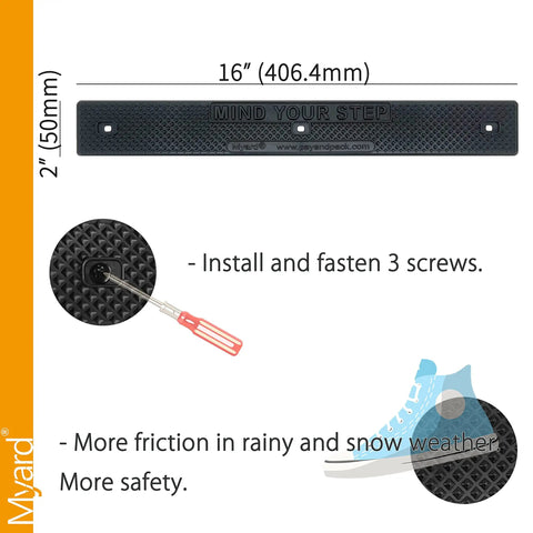 Stair Treads 16 By 2 Inch Non Slip With Screws Down Strip For Safer Steps On Slippery Stairs Decks Boats And Docks Footgrip Antislip Grip Tape For Staircase Safety Black 50 Count with installation guide and texture detail.