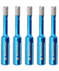 Front view of five blue 6 mm diamond core drill bits with triangle shanks for porcelain tile and stone