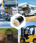 Heavy Duty 12 Volt Hydraulic Pump Motor Replacement for RV motor home levelers, shown with agricultural and material handling equipment.