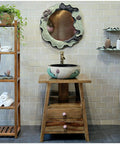 Retro Chinese Ceramic Bathroom Sink And Above Counter Wash Basin With Faucet Mirror Cabinet Four Piece Vanity Set Lotus Design, round sink on wooden cabinet.