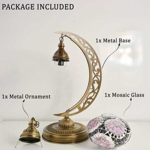 Package contents of Turkish Mosaic Moon Shape Table Lamp Handmade Crescent Glass Mosaic Night Light With Antique Bronze Base