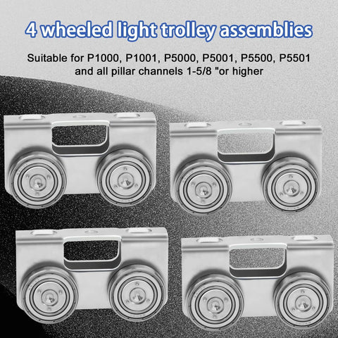 Image of four-wheel light duty trolley assembly for 1-5/8 inch channel strut high strength solid steel zinc galvanized, four pack