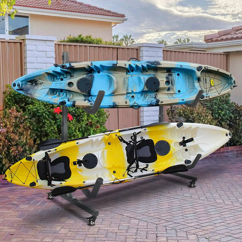 Heavy Duty Kayak Stand And Dual Storage Rack With Rolling Lockable Wheels Hella Durable Steel Adjustable Boat Holders For Garages Sheds And Sup Paddleboards