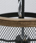 Close-up of Farmhouse Drum Chandelier For Dining Room, Dope Retro Black Wire Frame With Wood Grain Panels, 16 Inch Wide