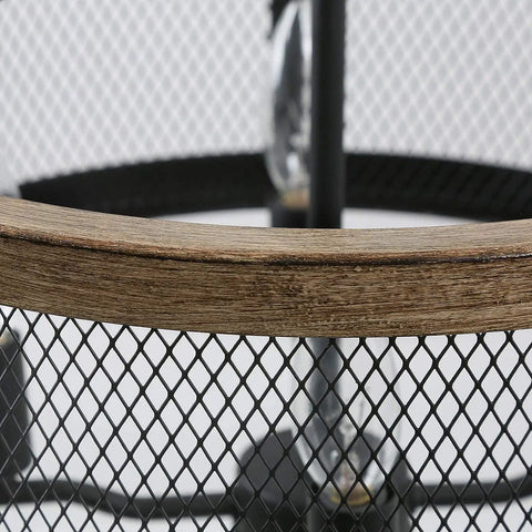 Close-up of Farmhouse Drum Chandelier For Dining Room, Dope Retro Black Wire Frame With Wood Grain Panels, 16 Inch Wide