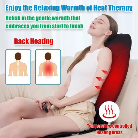 Woman using portable back massager with heat and vibration for deep tissue pain relief in shoulders, back, lower back, and thighs