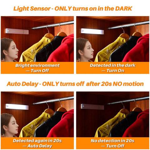 Under Cabinet Lights Rechargeable 8 Inch Motion Sensor LED Magnetic Stick On Closet Light Pack of 2 for Kitchen Counter Stairs and More USB Powered No Fuss Easy Install Cool White installed in closet