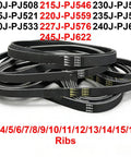 Beefy 9 Rib Conveyor Drive Belt For 200J To 245J Series with visible model numbers and rib counts