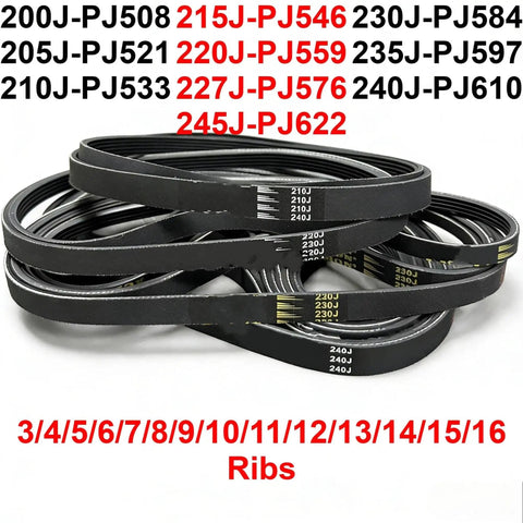 Beefy 9 Rib Conveyor Drive Belt For 200J To 245J Series with visible model numbers and rib counts
