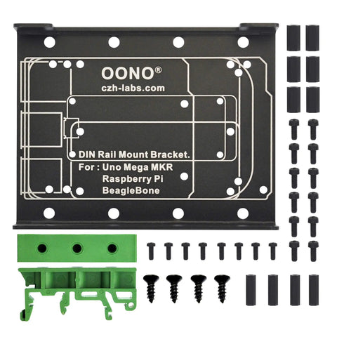 Rugged Beefed Up DIN Rail Mount Bracket For Raspberry Pi And Arduino BeagleBone Black Industrial Rail Adapter Compatible With Pi 1 A Plus 1 B Plus 2 B 3 B Plus 4 B Pi Zero Pi Zero W Pi 5 Arduino Uno Mega Mkr, black aluminum bracket with green rail clip and screws