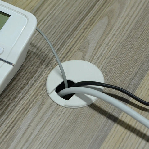 2 Inch White Desk Grommet For Wire Pass Through And Cable Hole Cover With Removable Lid Keeps Cables Tidy For Computer Office And Entertainment Setups Fits 2 Inch Holes Pack Of 5 installed on wooden desk, organizing cables.