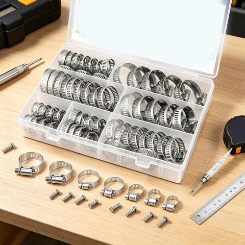 Heavy Duty 60Pc Hose Clamp Kit Set 1/4 to 1-1/2 Inch 304 Stainless Steel Worm Gear Clamps For Auto Intercooler Plumbing Pipe And Fuel Line in organizer box