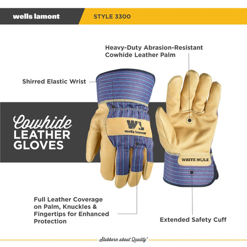 Men's White Mule Heavy Duty Cowhide Leather Palm Work Gloves X Large For Tough Jobs, Abrasion And Puncture Resistant, Snug Elastic Fit