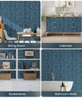 Blue Peel And Stick Geometric Wallpaper For Home Decor And Furniture Renovation Self Adhesive Matte Contact Paper 17.71 Inches By 118 Inches shown in dining room and cabinets.