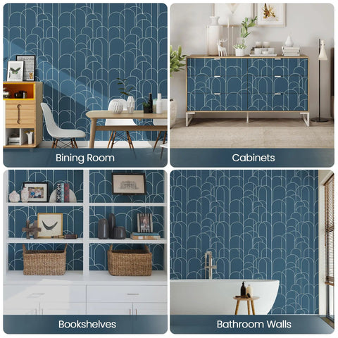 Blue Peel And Stick Geometric Wallpaper For Home Decor And Furniture Renovation Self Adhesive Matte Contact Paper 17.71 Inches By 118 Inches shown in dining room and cabinets.
