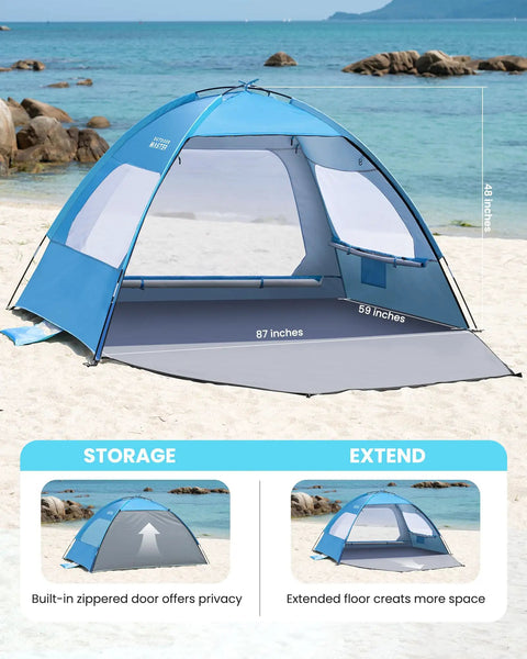 Spacious Beach Tent For Three To Four People With No Fuss Setup Sun Shade Canopy Portable UPF Fifty Plus UV Protection in blue on sand