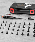 Pro Grade Red Laser Bore Sight Kit With 32 Adapters for calibers 0.17 HMR to 12 GA, displayed with carrying case and batteries