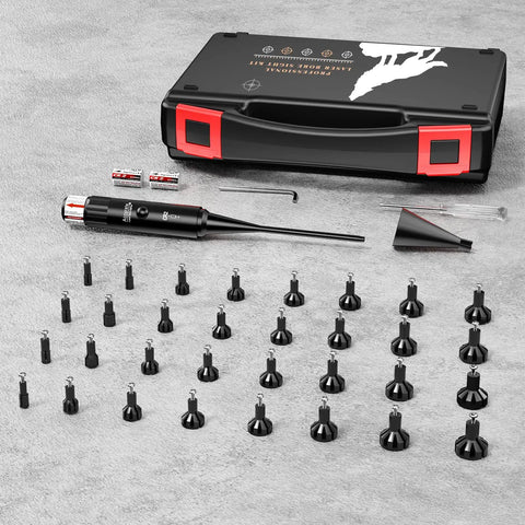 Pro Grade Red Laser Bore Sight Kit With 32 Adapters for calibers 0.17 HMR to 12 GA, displayed with carrying case and batteries