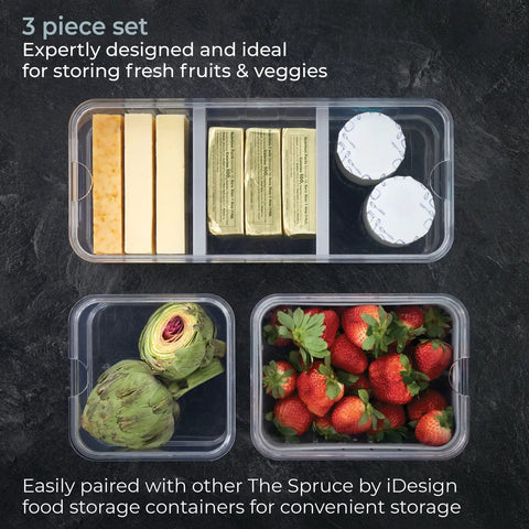 Three Piece Refrigerator Organizer Set With Lids For Fresh Produce And Storage, Clear And Gray Bins To Keep Your Fridge Neat