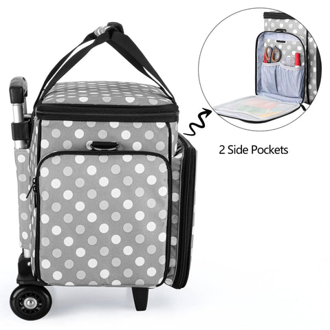Side view of Detachable Dolly Sewing Machine Case With Rolling Tote And Removable Bottom Pad For Standard Sewing Machines, gray dots design