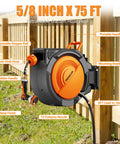 Heavy Duty Five Eighth Inch By 75 Foot Retractable Garden Hose Reel Wall Mount With 10 Pattern Nozzle mounted on fence