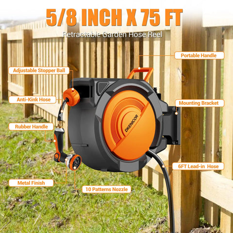 Heavy Duty Five Eighth Inch By 75 Foot Retractable Garden Hose Reel Wall Mount With 10 Pattern Nozzle mounted on fence