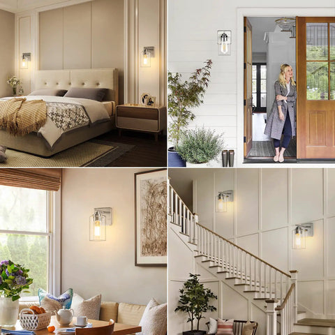 Set Of 2 Brushed Nickel Wall Sconces For Bathroom And Hallway Modern Farmhouse Vanity Lights With Clear Glass Shade Waterproof Wall Mount Lanterns For Bedroom And Living Room in various indoor settings
