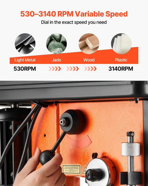Operating speed control of Heavy Duty 12 Inch Benchtop Drill Press With 1 HP Motor, 6.2 Amp, Variable Speed From 530 To 3140 RPM