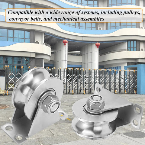 U Groove Gate Track Roller Set With Stainless Steel Construction Heavy Duty Sliding Gate Wheels displayed outdoors with building.