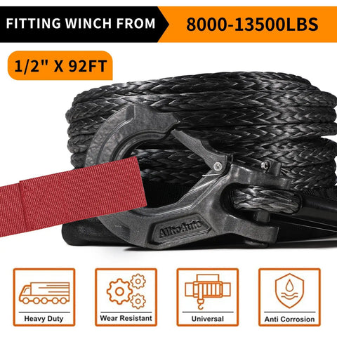Dyneema Winch Rope With Hook Half Inch By Ninety Two Feet 33076 Lb Load Capacity For Trucks 4x4 Off Road Rigs With Protective Sleeve UV Resistant Lightweight Yet Beefed Up And Ready