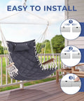 Cozy Hammock Chair Swing With Wooden Armrests, Sturdy Steel Spreader Bar, Plush Back Pillow, Cotton Woven Fabric on patio