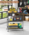 Heavy duty three tier rolling utility kitchen cart with metal construction and wire shelves on wheels in a garage setting.