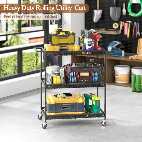 Heavy duty three tier rolling utility kitchen cart with metal construction and wire shelves on wheels in a garage setting.