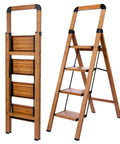Woodgrain Finish 4 Step Aluminum Folding Ladder With Safety Lock Legs And Lightweight Design For Home Use Reaching Cabinets Shelves Attics And More Up To 330 Lb, folded and open