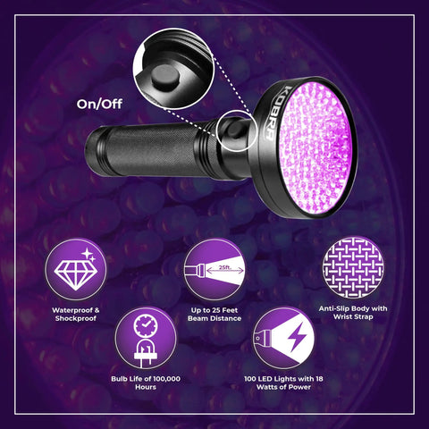 UV Black Light Flashlight 395nm With 100 LEDs 18W Portable UV Inspection Tool with on/off button and features list