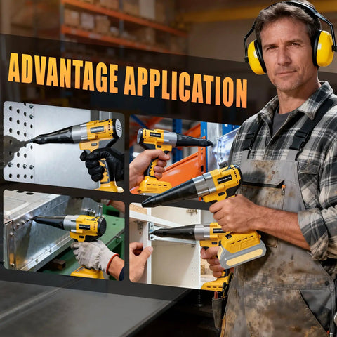 Brushless Cordless Rivet Gun Compatible With Dewalt 20V Max Battery Tool Only displayed in various applications for metalwork.