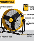 Beefy Workhorse 24 Inch Industrial Drum Fan With High Velocity Airflow, yellow metal floor fan with large wheels and 360-degree tilt.