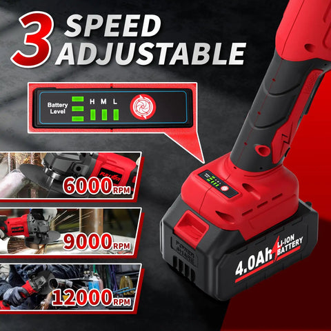 Cordless Beast Four And A Half Inch Angle Grinder With Brushless Motor, 12000 RPM, 2x 4.0Ah Batteries, 3-Speed Settings display