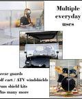 Collage of clear PVC piano style hinge used for sneeze guards, golf cart windshields, and drum shield kits.