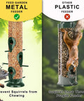 Comparison of a metal bird feeder preventing squirrel access and a plastic feeder being chewed by a squirrel