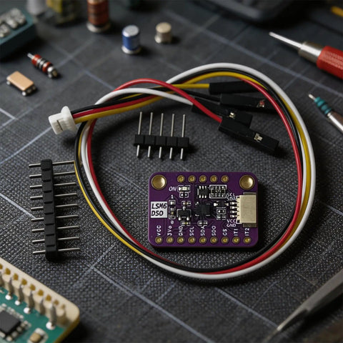 Dope 6DoF IMU Module With Accelerometer And Gyroscope For Wearables And Motion Sensing, Real Time Vibration Analysis, Tap Wake Up Detection, I2C SPI And I3C Interfaces, Tiny Yet Mighty Sensor Board For Projects purple PCB with jumper wires